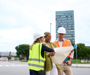 Three people are lookng at design plans outside in front of a highrise buidling. Two of them are wearing hi-vis vests and hardhats and one is in casual business wear.