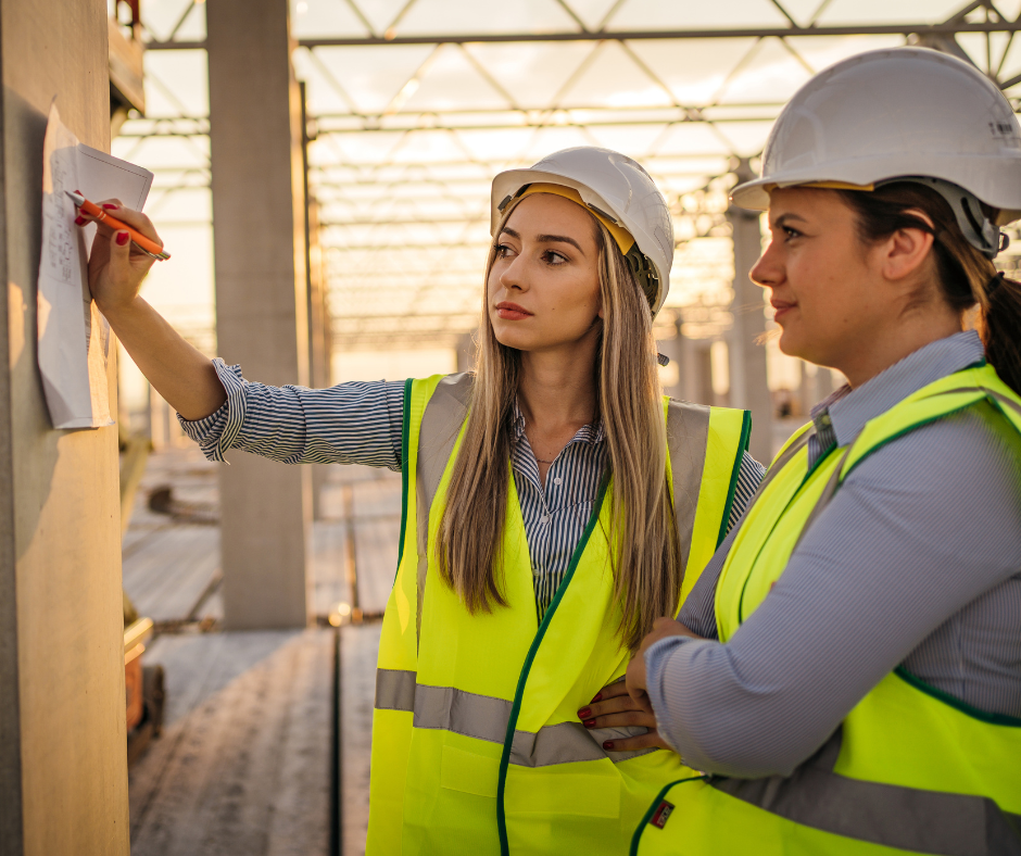 two women in white hard hats and hi-viz vests are on a construction site. One  has long blonde hair and holds a building plan against a wall and is making notes on it. The other woman has brown hair tied back and has her arms folded. She is examining the plan too.