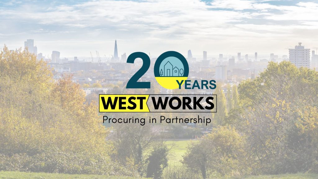A background image of a cityscape with trees and greenery in the foreground. Westworks 20th year anniversary is overlayed in the centre of the image. It reads "20 years" "Westworks" followed by the strapline "Procuring in partnershio". The 20 years is in dark teal and yellow. there is a graphic on houses in the centre of the zero. The rest of the font in the logo is black. "Westworks" is surrouded by a black rectangular box and a chevron separates the "West" and Works" the background behind "West" is yellow. The rest has a transparent background.