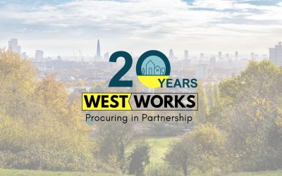 A background image of a cityscape with trees and greenery in the foreground. Westworks 20th year anniversary is overlayed in the centre of the image. It reads "20 years" "Westworks" followed by the strapline "Procuring in partnershio". The 20 years is in dark teal and yellow. there is a graphic on houses in the centre of the zero. The rest of the font in the logo is black. "Westworks" is surrouded by a black rectangular box and a chevron separates the "West" and Works" the background behind "West" is yellow. The rest has a transparent background.