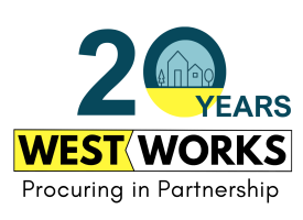 Westworks-20-years-logov Westworks 20th anniversary logo. It reads "20 years" "Westworks" and then "Procuring in partnership" underneath. The 20 is large bold teal font and there is a small town skyline graphic in light blue and teal in the "0" of the 20. The "Westworks" is in large bold black capitals and sits inside a box. The "West" part of "Westworks" is on a yellow background and the "Works" ison a white background". The backgrounds meet in the middle with a chevron.